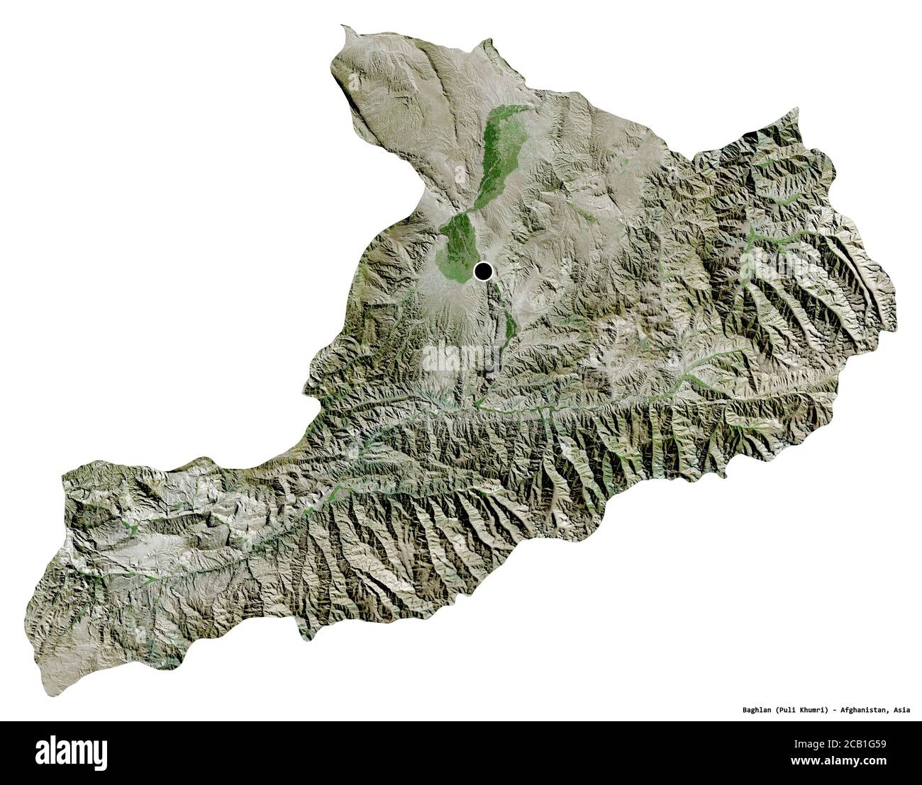 Forma di Baglan, provincia dell'Afghanistan, con la sua capitale isolata su sfondo bianco. Immagini satellitari. Rendering 3D Foto Stock