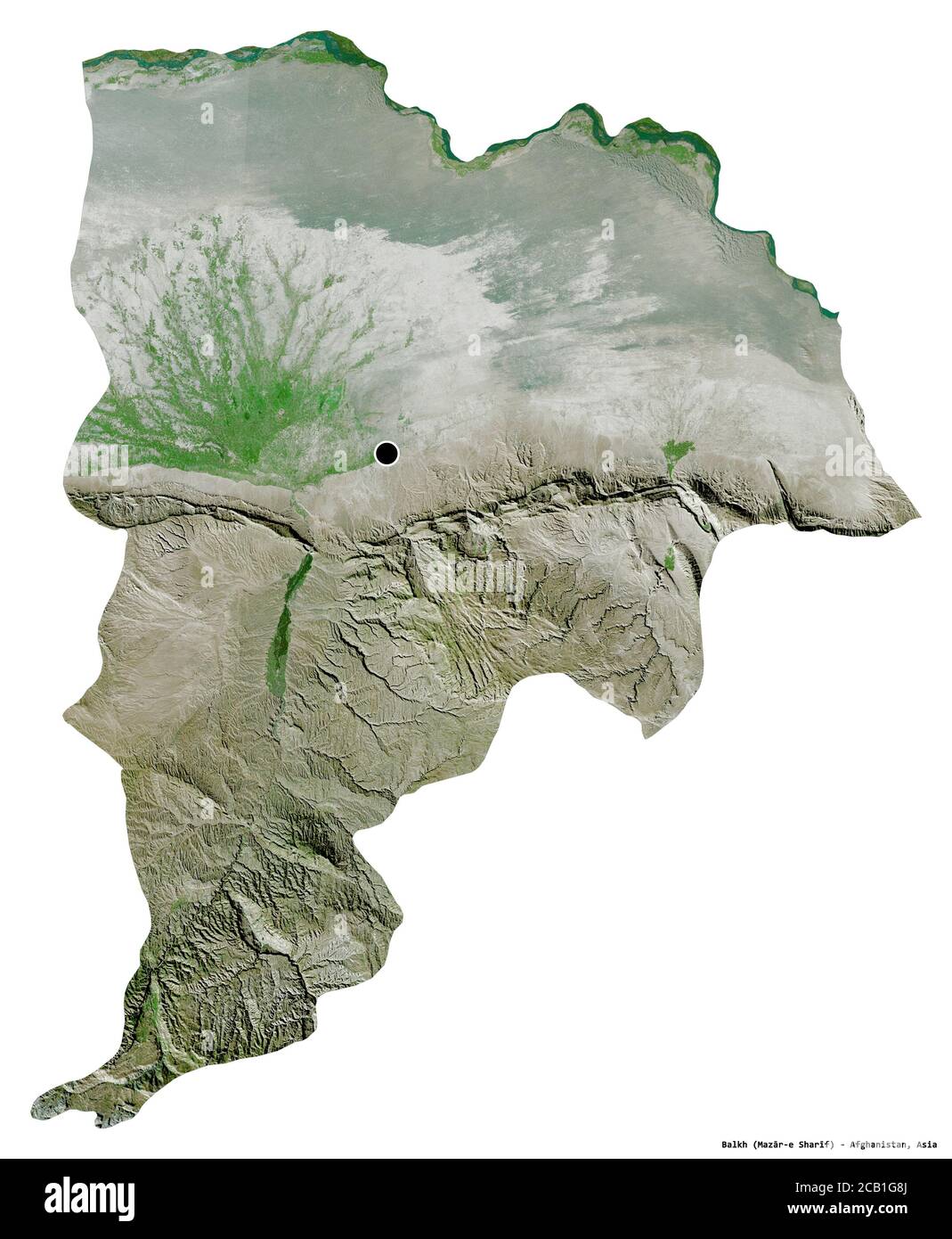 Forma di Balkh, provincia dell'Afghanistan, con la sua capitale isolata su sfondo bianco. Immagini satellitari. Rendering 3D Foto Stock