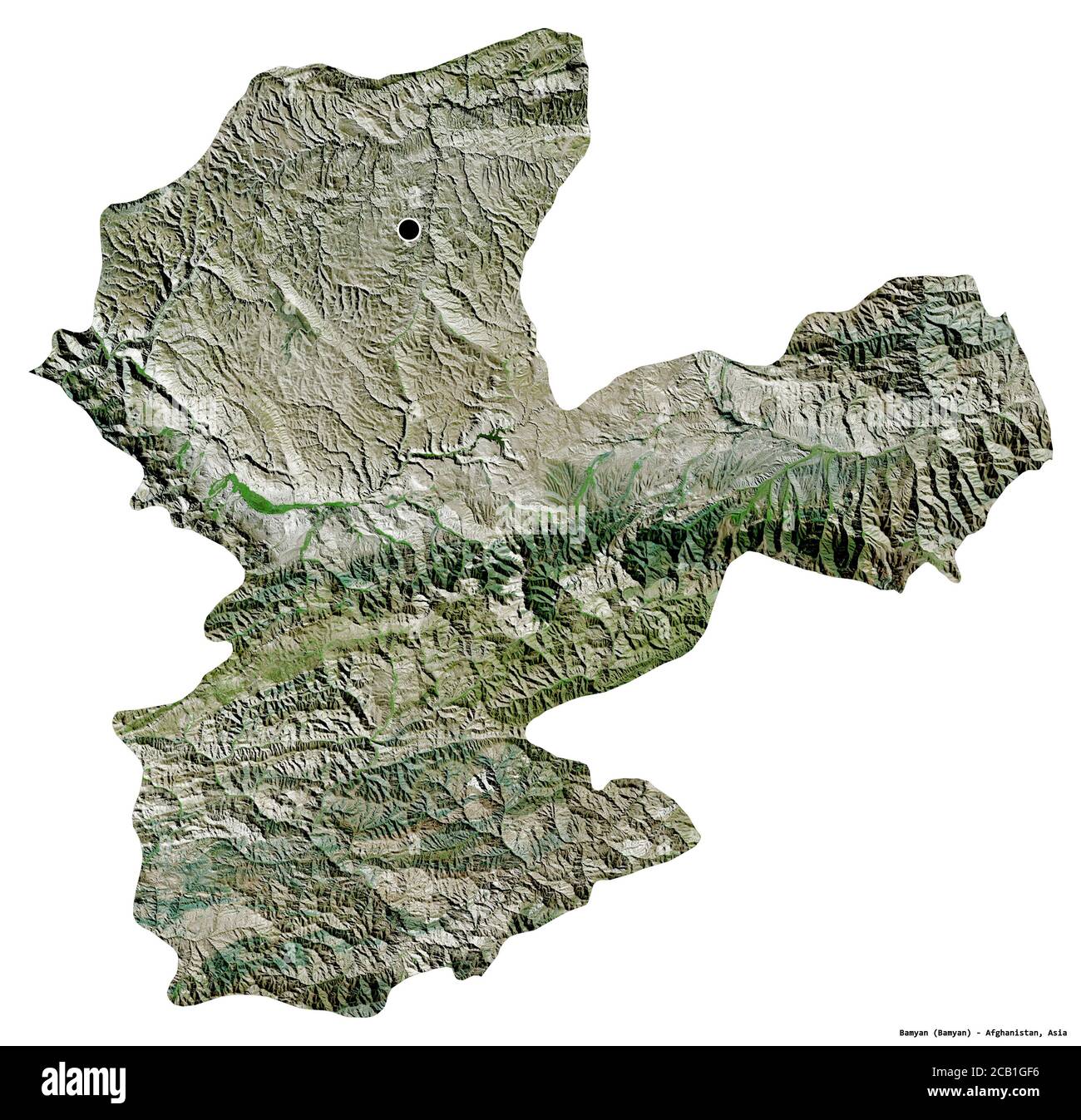 Forma di Bamyan, provincia dell'Afghanistan, con la sua capitale isolata su sfondo bianco. Immagini satellitari. Rendering 3D Foto Stock