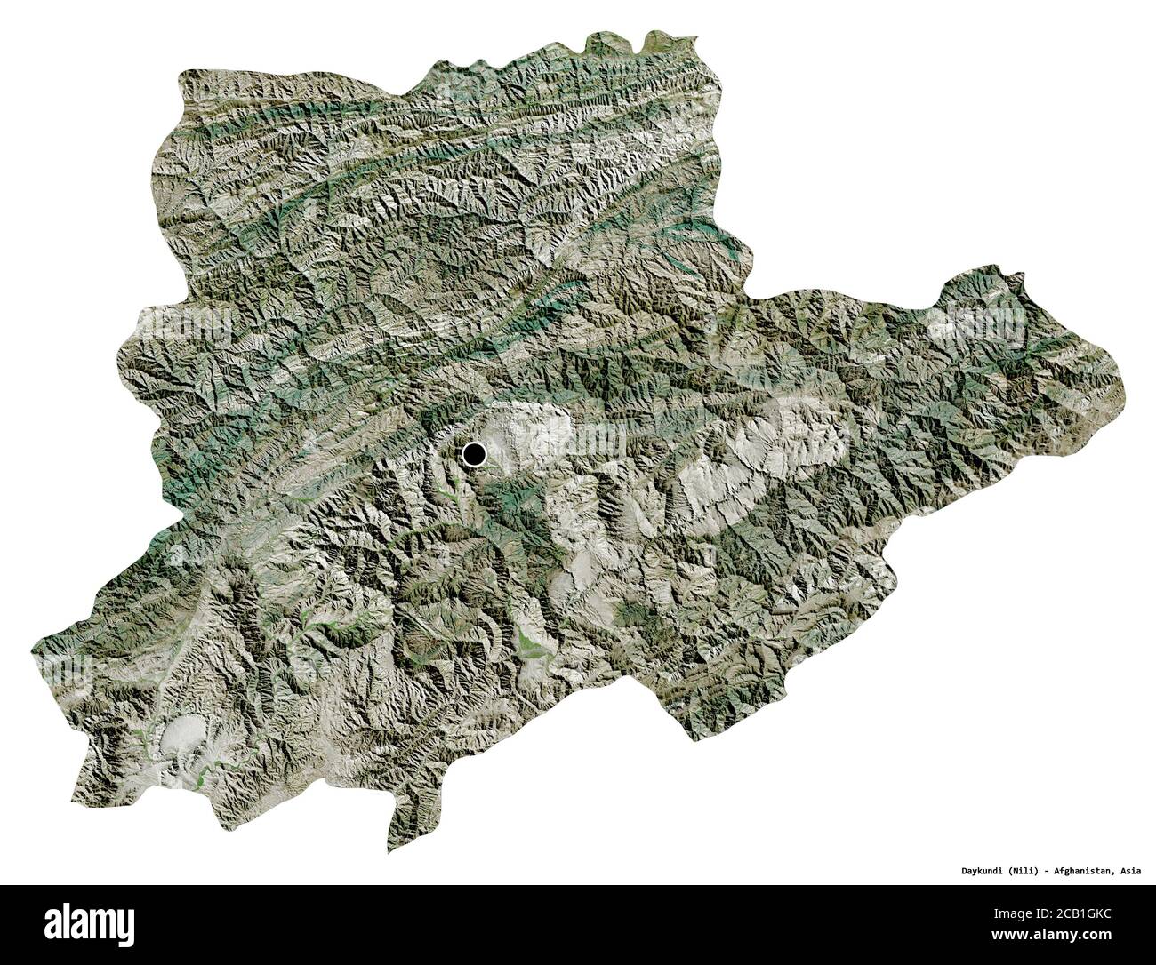 Forma di Daykundi, provincia dell'Afghanistan, con la sua capitale isolata su sfondo bianco. Immagini satellitari. Rendering 3D Foto Stock