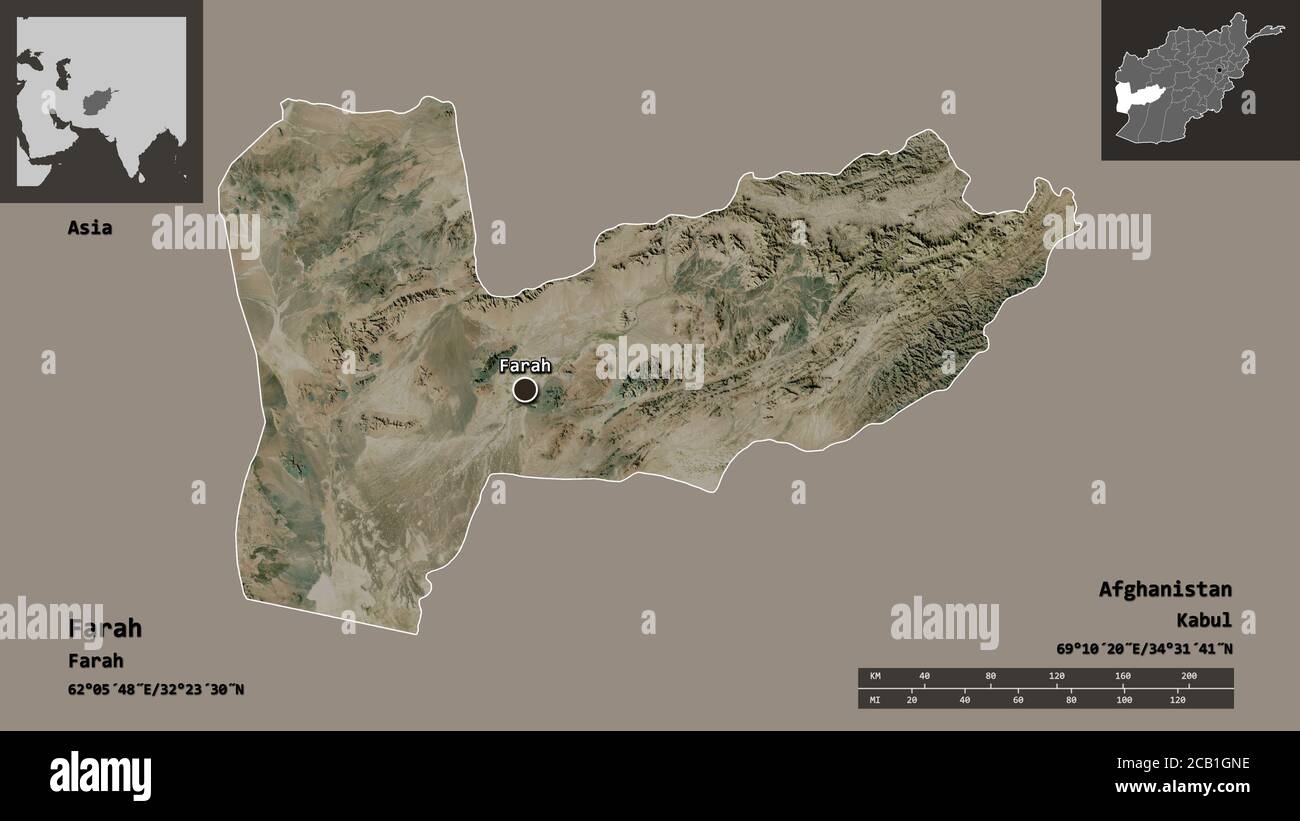 Forma di Farah, provincia dell'Afghanistan, e la sua capitale. Scala della distanza, anteprime ed etichette. Immagini satellitari. Rendering 3D Foto Stock