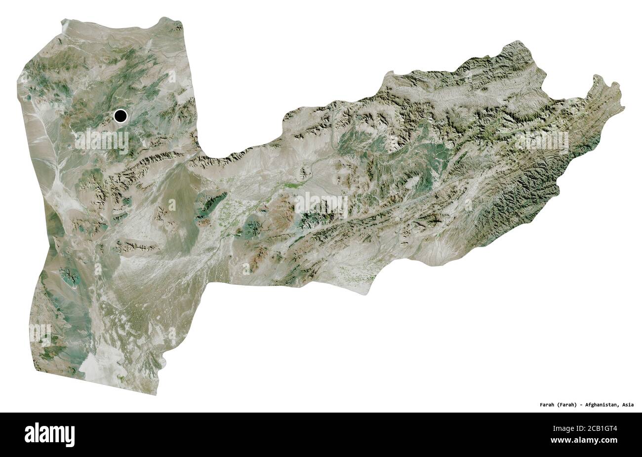 Forma di Farah, provincia dell'Afghanistan, con la sua capitale isolata su sfondo bianco. Immagini satellitari. Rendering 3D Foto Stock