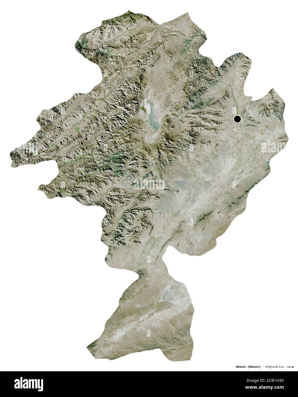 Forma di Ghazni, provincia dell'Afghanistan, con la sua capitale isolata su sfondo bianco. Immagini satellitari. Rendering 3D Foto Stock