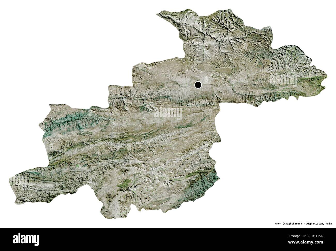 Forma di Ghor, provincia dell'Afghanistan, con la sua capitale isolata su sfondo bianco. Immagini satellitari. Rendering 3D Foto Stock