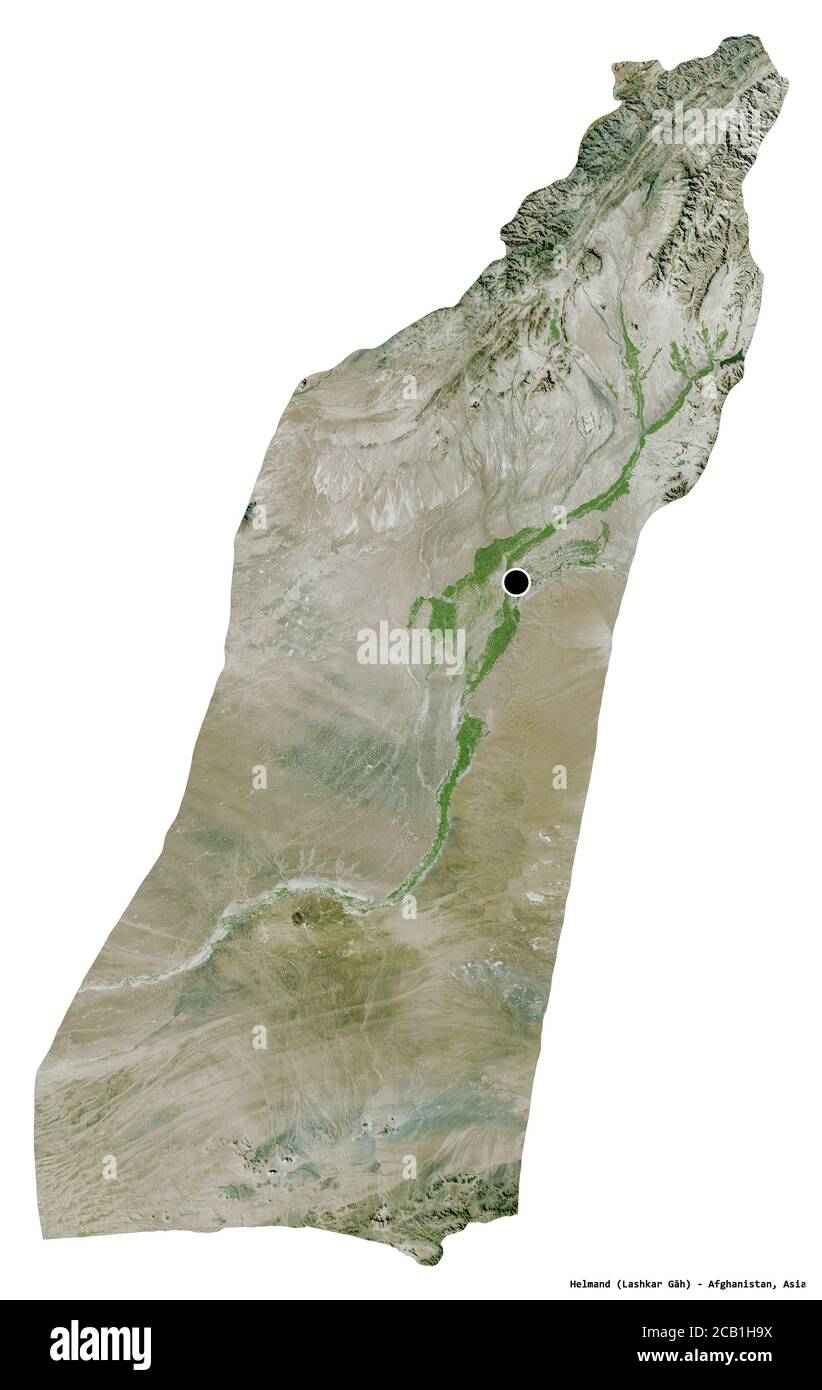 Forma di Helmand, provincia dell'Afghanistan, con la sua capitale isolata su sfondo bianco. Immagini satellitari. Rendering 3D Foto Stock