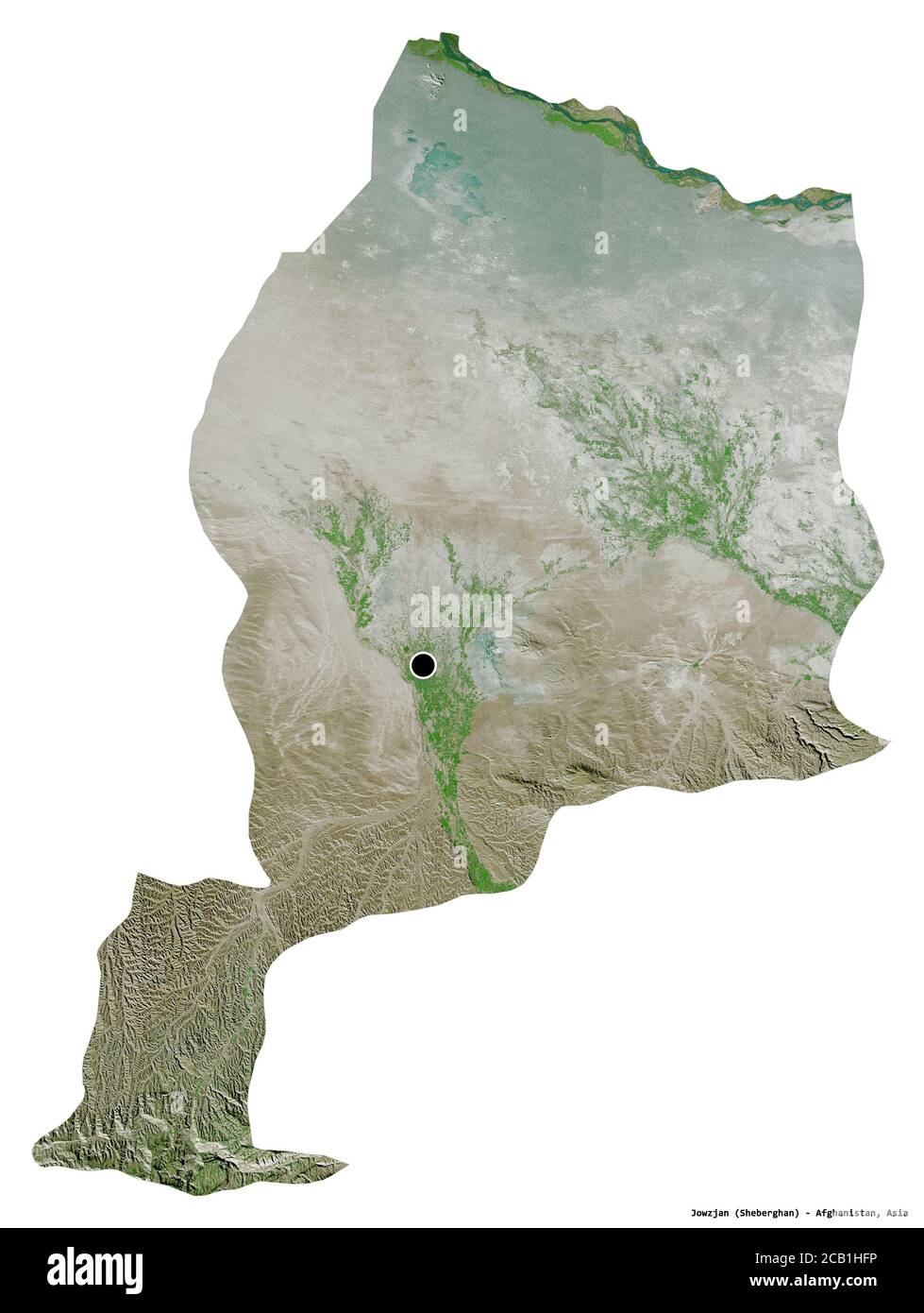 Forma di Jowzjan, provincia dell'Afghanistan, con la sua capitale isolata su sfondo bianco. Immagini satellitari. Rendering 3D Foto Stock