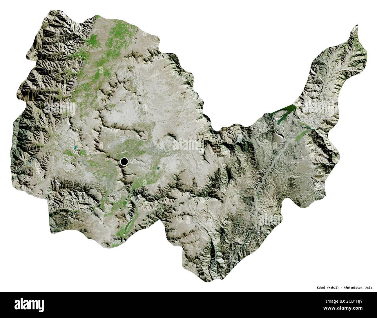 Forma di Kabul, provincia dell'Afghanistan, con la sua capitale isolata su sfondo bianco. Immagini satellitari. Rendering 3D Foto Stock