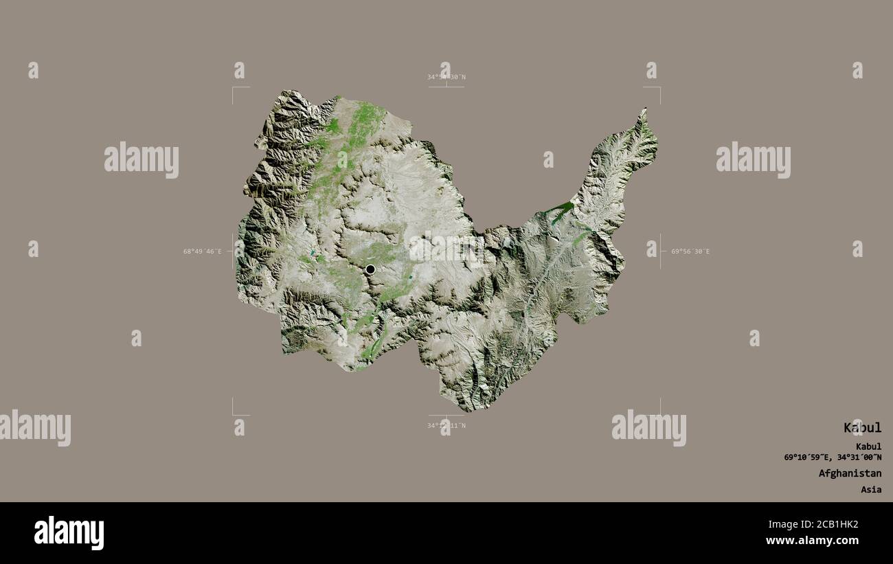 Area di Kabul, provincia dell'Afghanistan, isolata su uno sfondo solido in una scatola di delimitazione georeferenziata. Etichette. Immagini satellitari. Rendering 3D Foto Stock