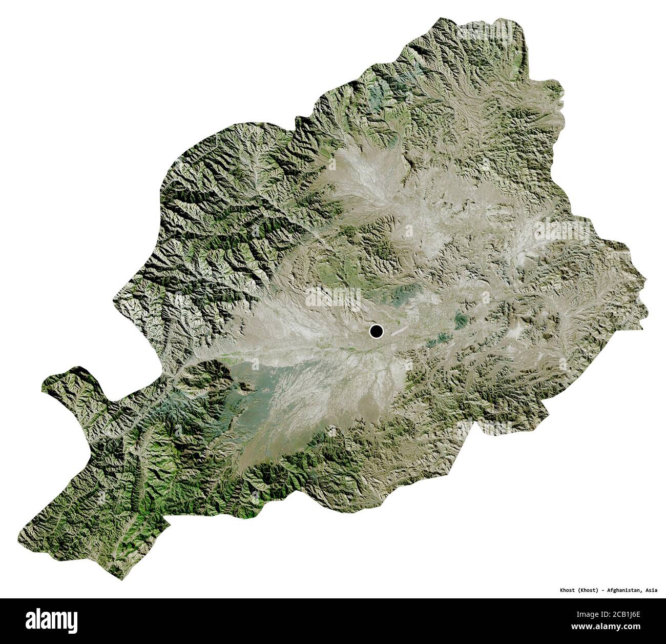 Forma di Khost, provincia dell'Afghanistan, con la sua capitale isolata su sfondo bianco. Immagini satellitari. Rendering 3D Foto Stock