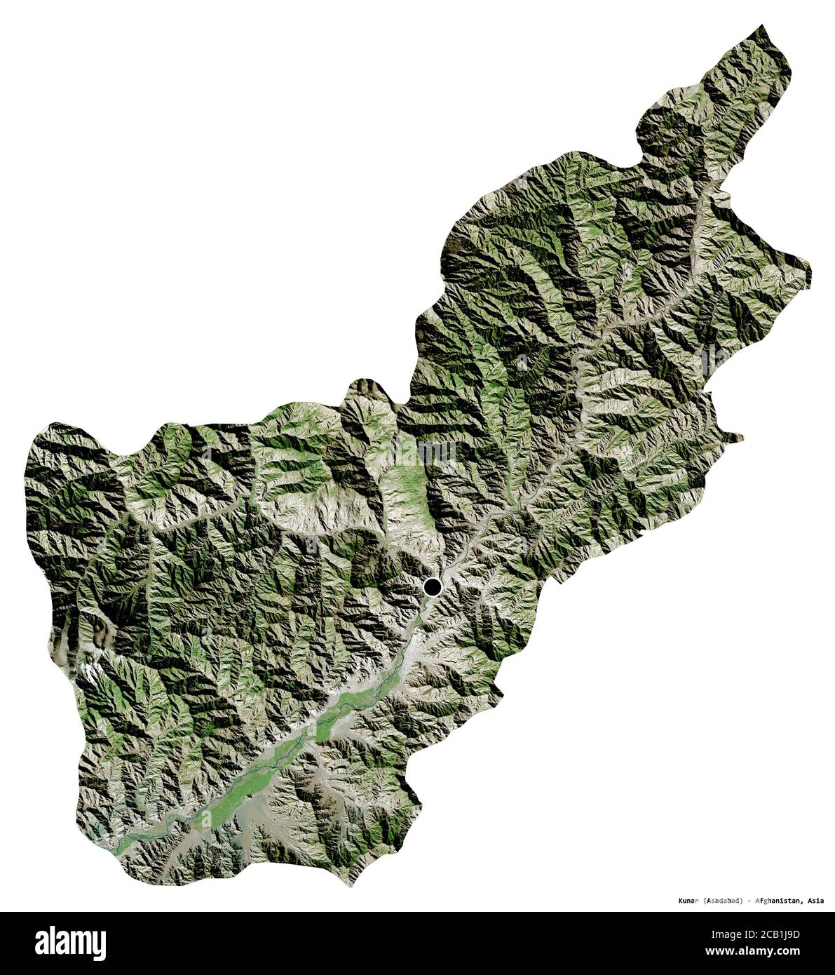 Forma di Kunar, provincia dell'Afghanistan, con la sua capitale isolata su sfondo bianco. Immagini satellitari. Rendering 3D Foto Stock
