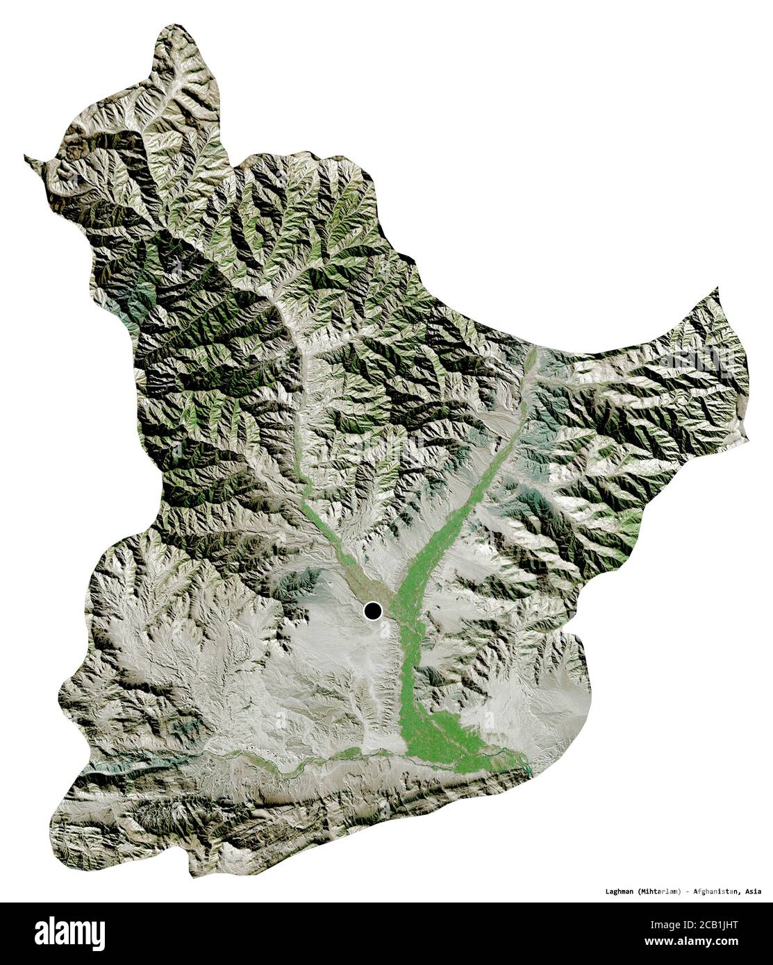 Forma di Laghman, provincia dell'Afghanistan, con la sua capitale isolata su sfondo bianco. Immagini satellitari. Rendering 3D Foto Stock