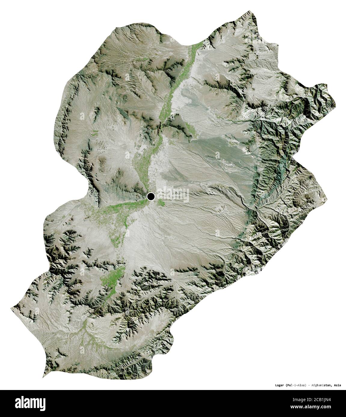 Forma di Logar, provincia dell'Afghanistan, con la sua capitale isolata su sfondo bianco. Immagini satellitari. Rendering 3D Foto Stock