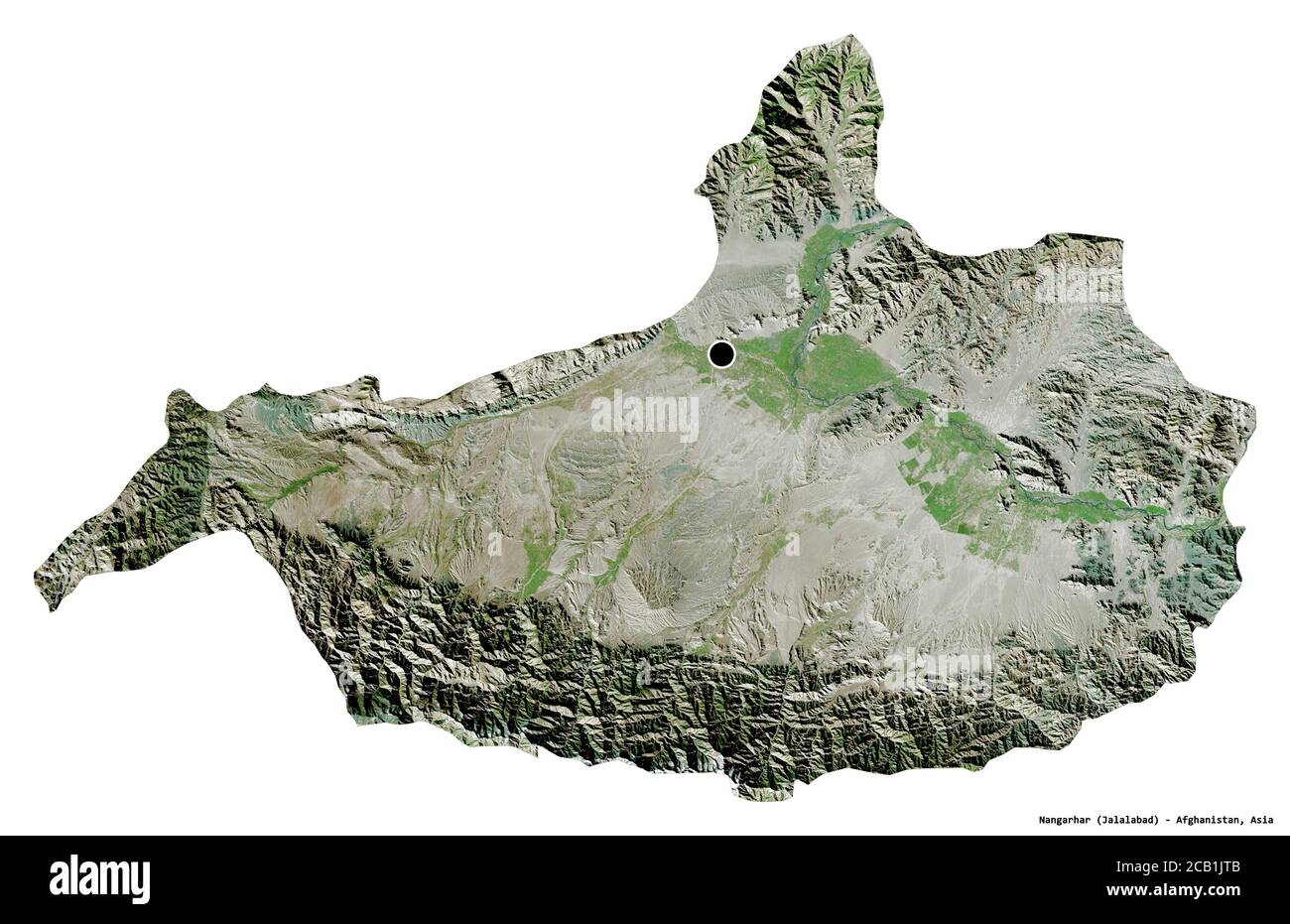Forma di Nangarhar, provincia dell'Afghanistan, con la sua capitale isolata su sfondo bianco. Immagini satellitari. Rendering 3D Foto Stock