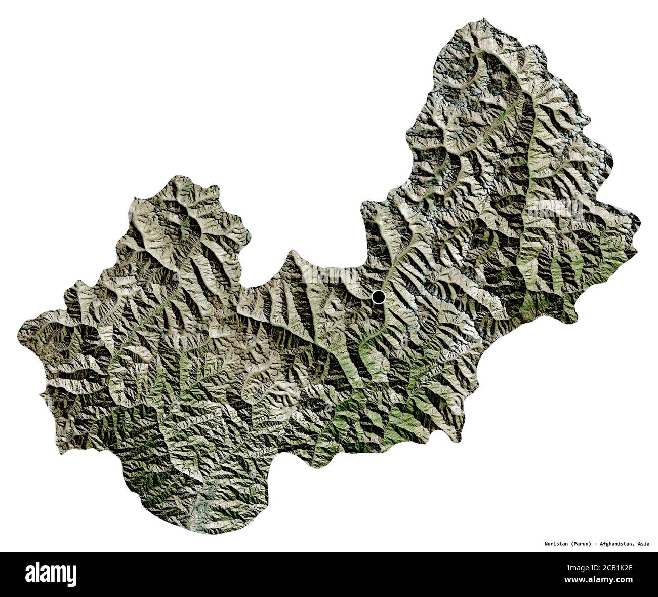 Forma del Nuristan, provincia dell'Afghanistan, con la sua capitale isolata su sfondo bianco. Immagini satellitari. Rendering 3D Foto Stock
