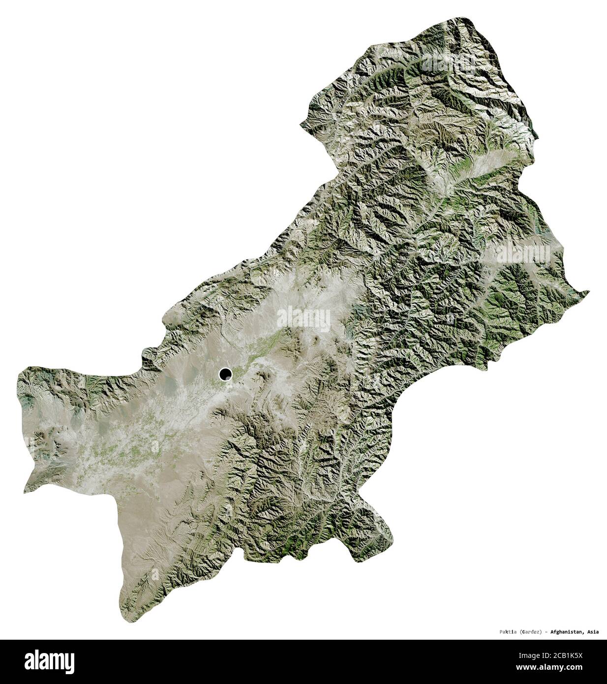 Forma di Paktia, provincia dell'Afghanistan, con la sua capitale isolata su sfondo bianco. Immagini satellitari. Rendering 3D Foto Stock