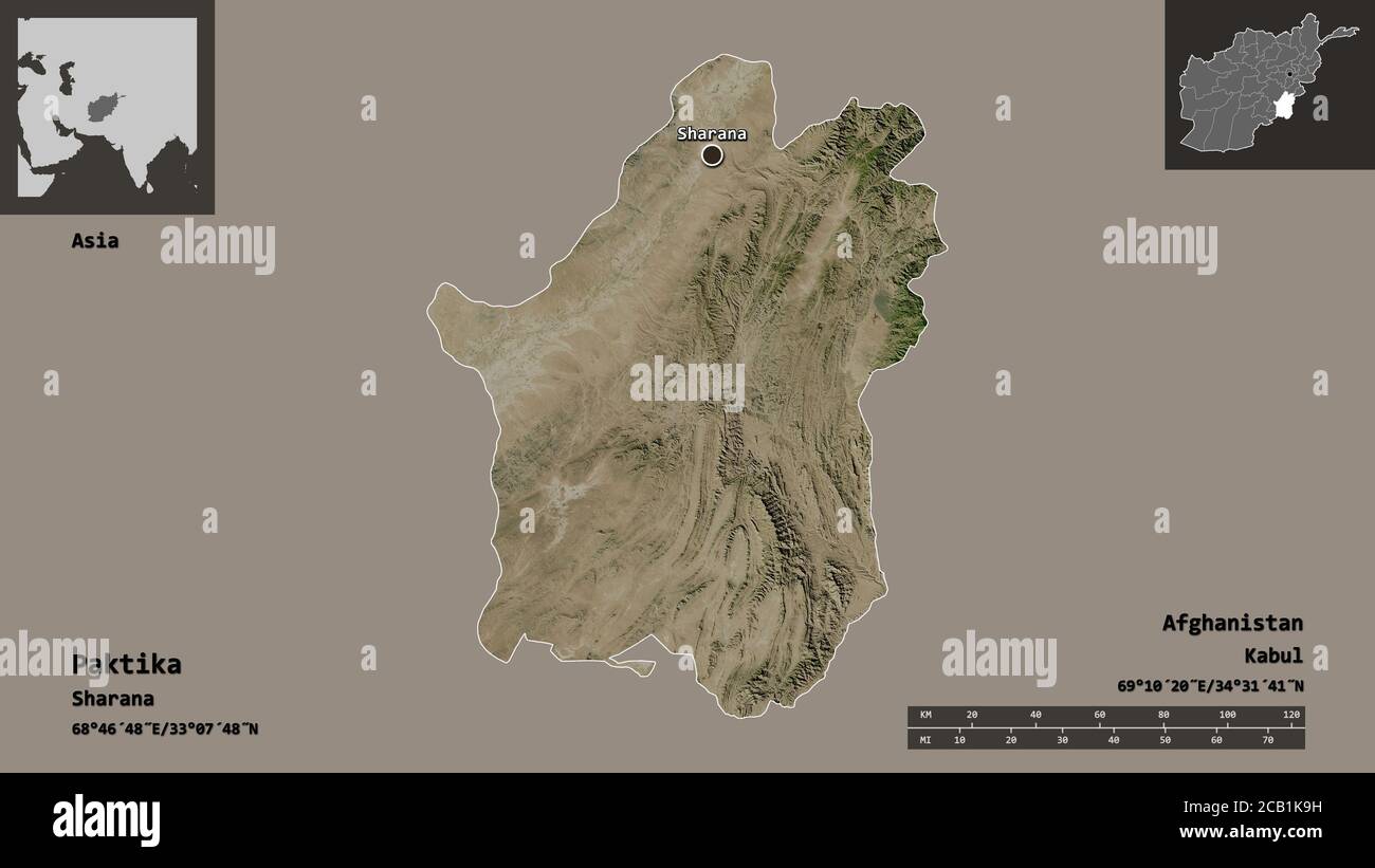 Forma di Paktika, provincia dell'Afghanistan, e la sua capitale. Scala della distanza, anteprime ed etichette. Immagini satellitari. Rendering 3D Foto Stock