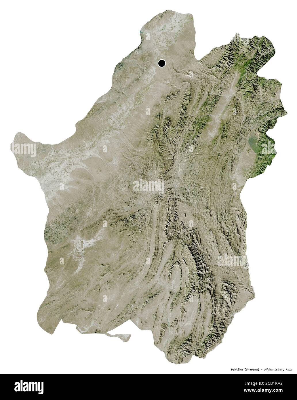 Forma di Paktika, provincia dell'Afghanistan, con la sua capitale isolata su sfondo bianco. Immagini satellitari. Rendering 3D Foto Stock