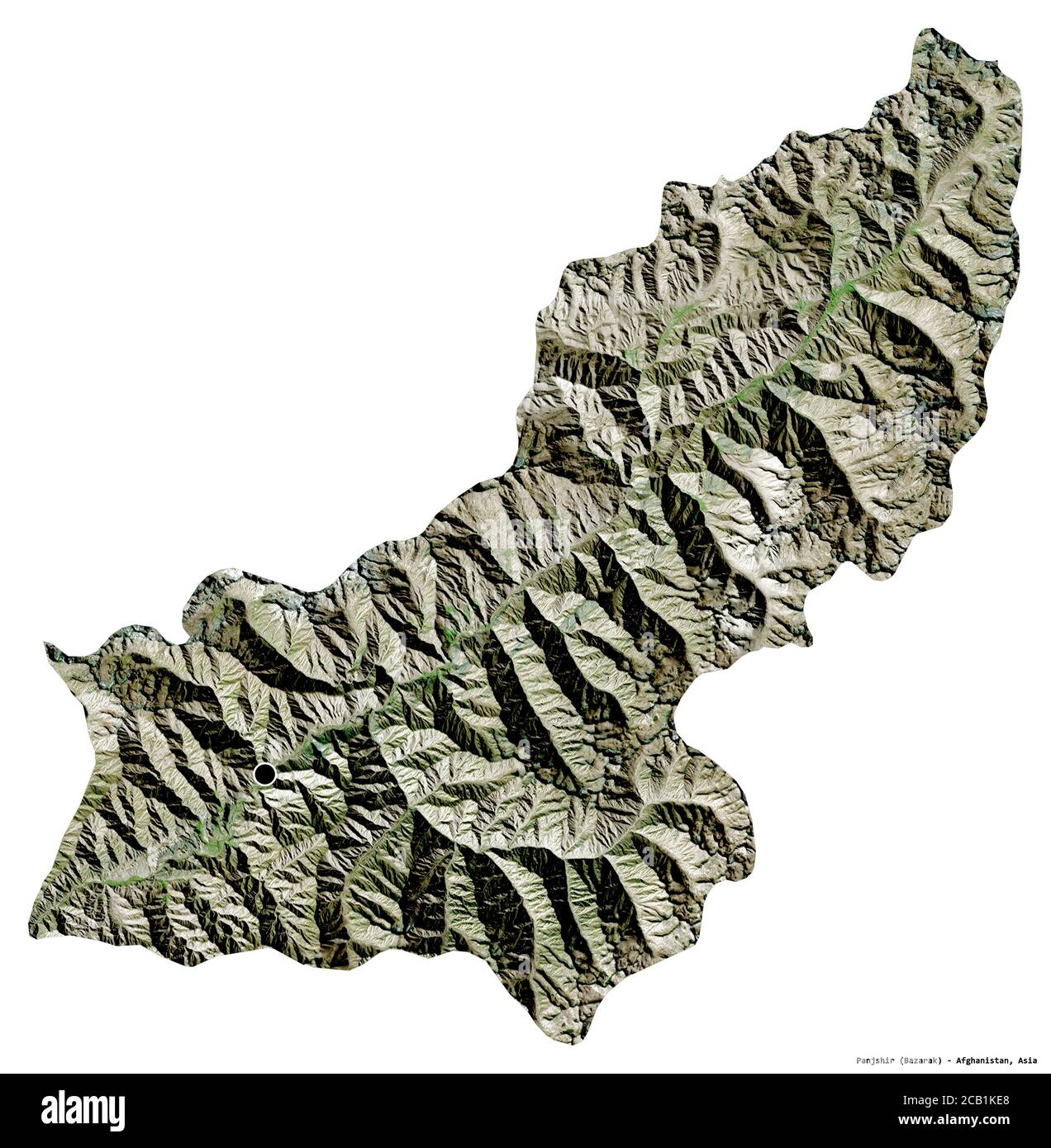 Forma del Panjshir, provincia dell'Afghanistan, con la sua capitale isolata su sfondo bianco. Immagini satellitari. Rendering 3D Foto Stock
