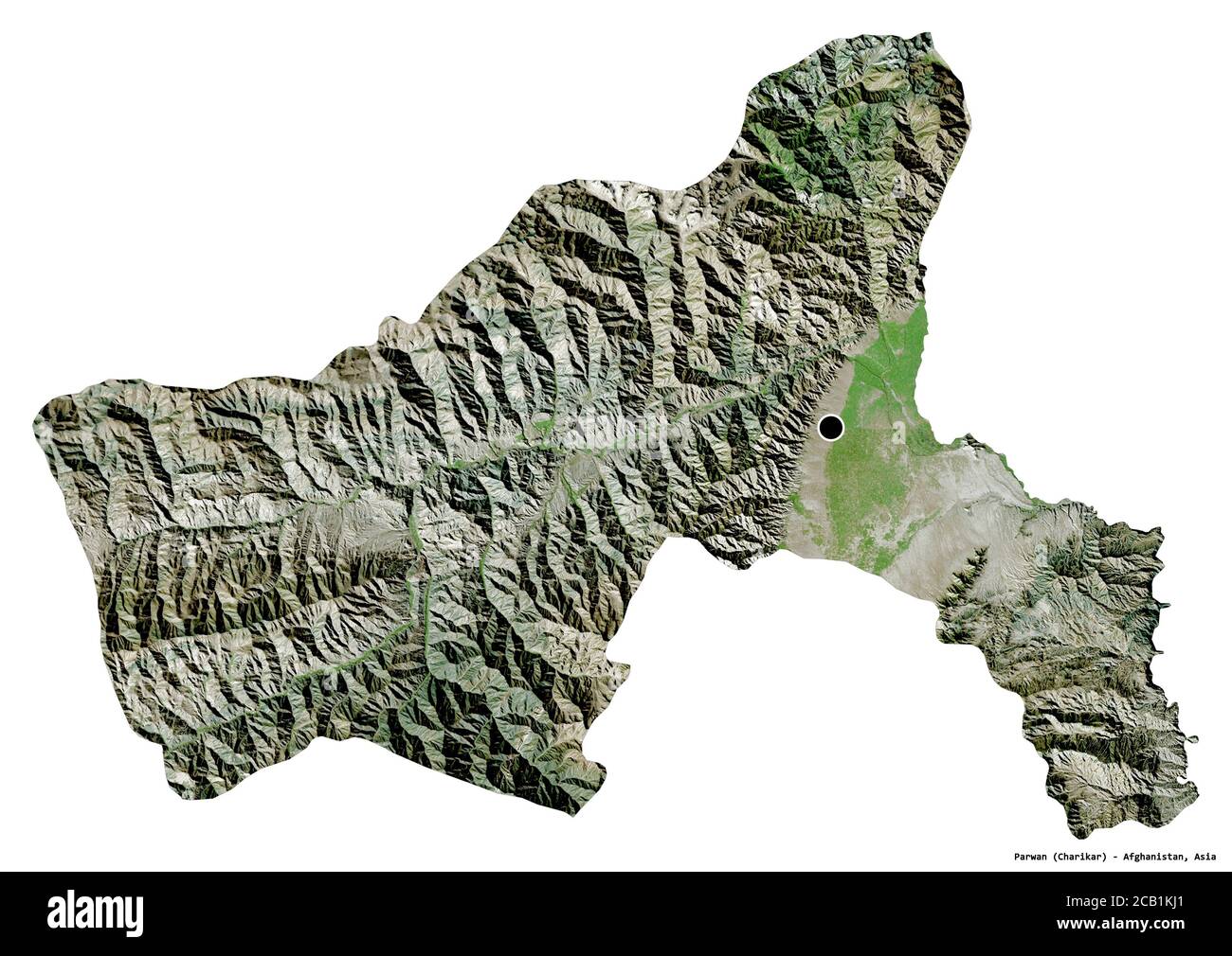 Forma di Parwan, provincia dell'Afghanistan, con la sua capitale isolata su sfondo bianco. Immagini satellitari. Rendering 3D Foto Stock