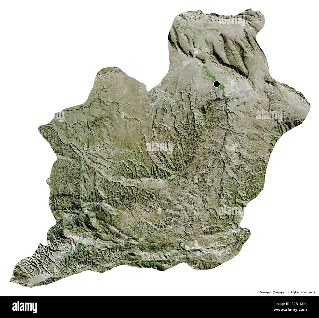 Forma di Samangan, provincia dell'Afghanistan, con la sua capitale isolata su sfondo bianco. Immagini satellitari. Rendering 3D Foto Stock