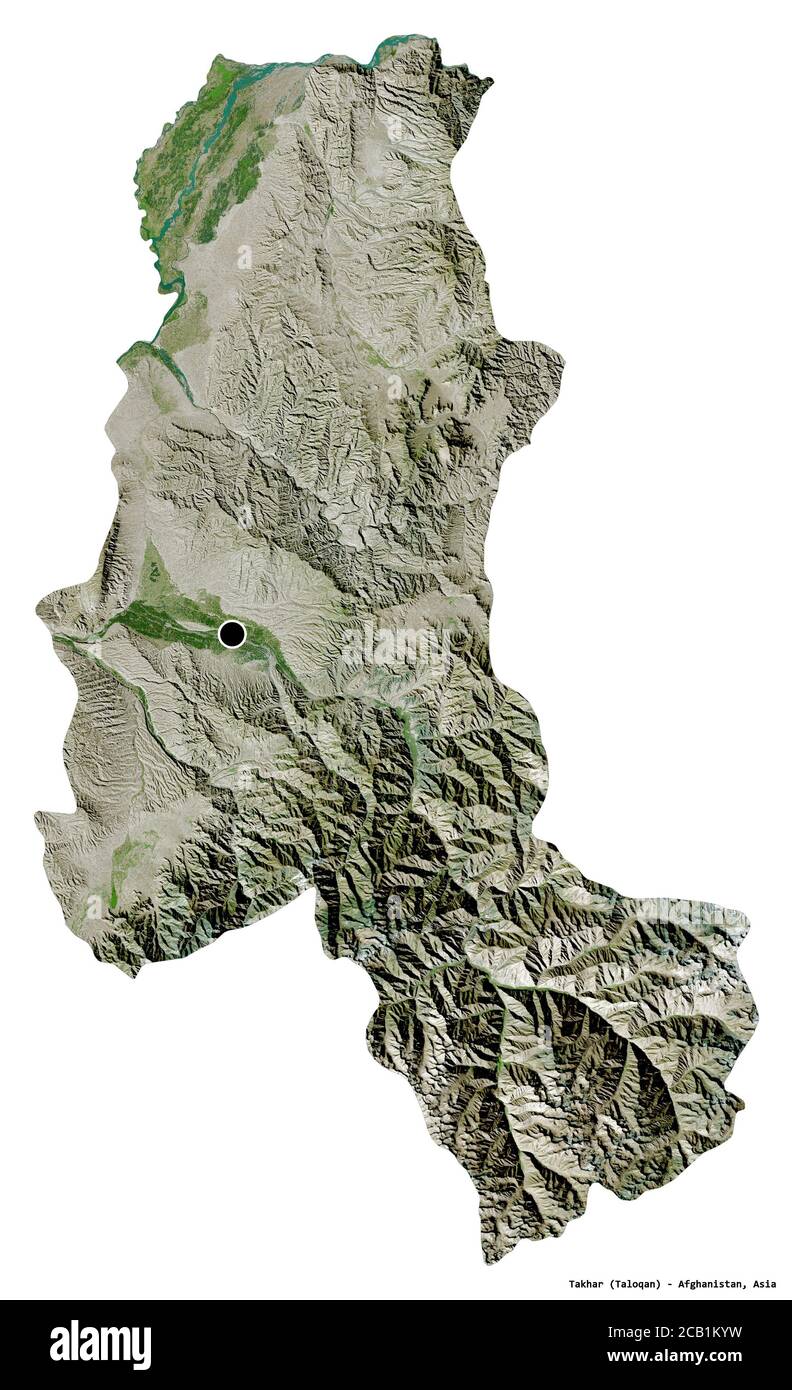 Forma di Takhar, provincia dell'Afghanistan, con la sua capitale isolata su sfondo bianco. Immagini satellitari. Rendering 3D Foto Stock