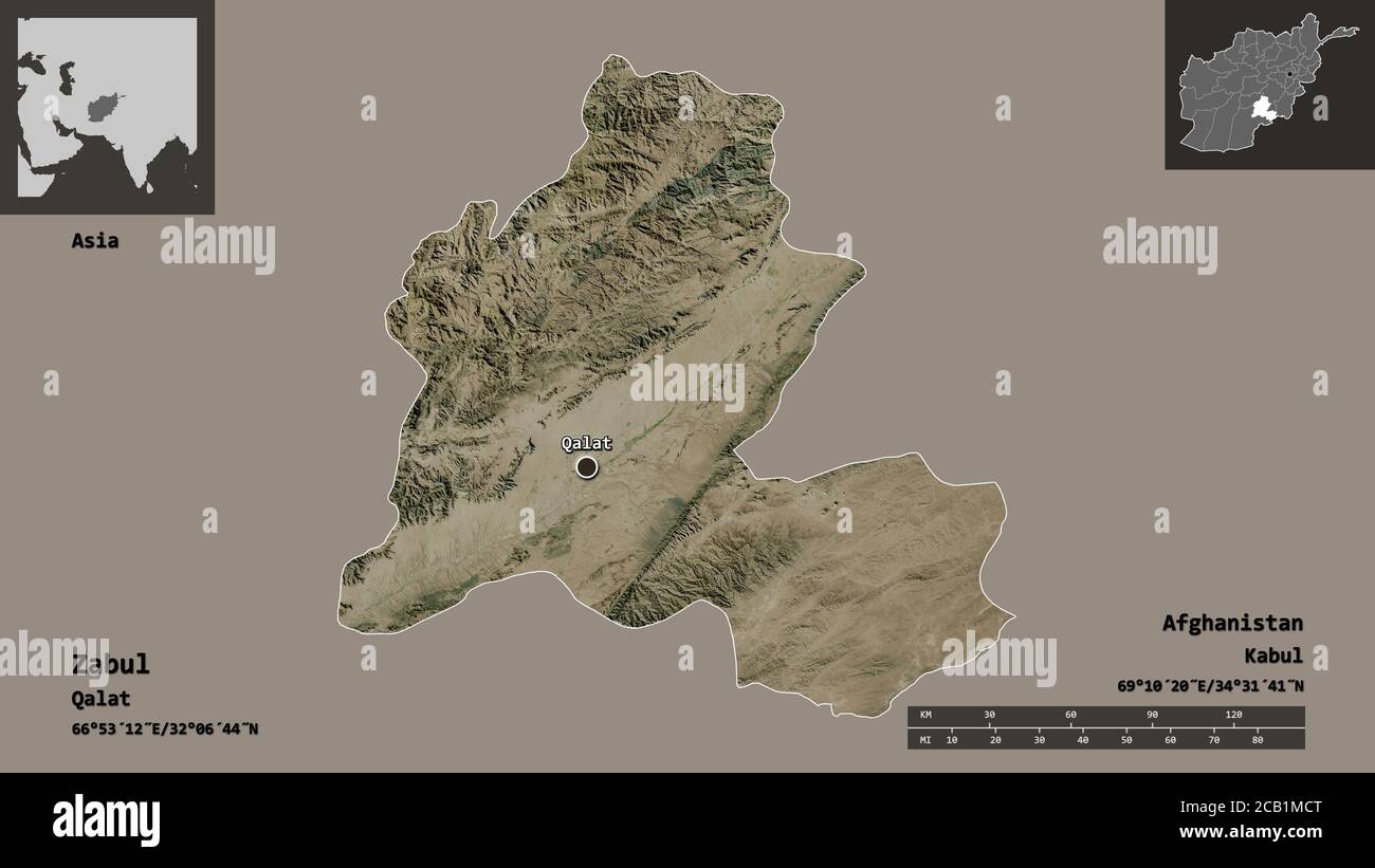 Forma di Zabul, provincia dell'Afghanistan, e la sua capitale. Scala della distanza, anteprime ed etichette. Immagini satellitari. Rendering 3D Foto Stock