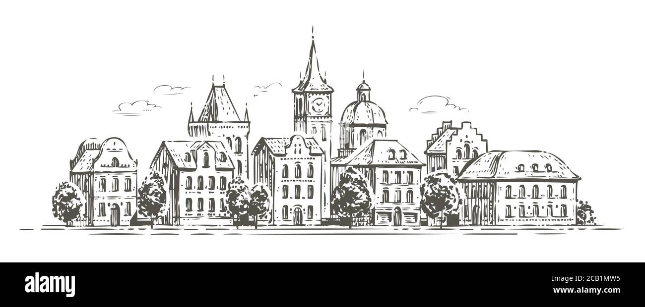 Vista sulla città con edifici storici. Illustrazione vettoriale dello schizzo della città Illustrazione Vettoriale