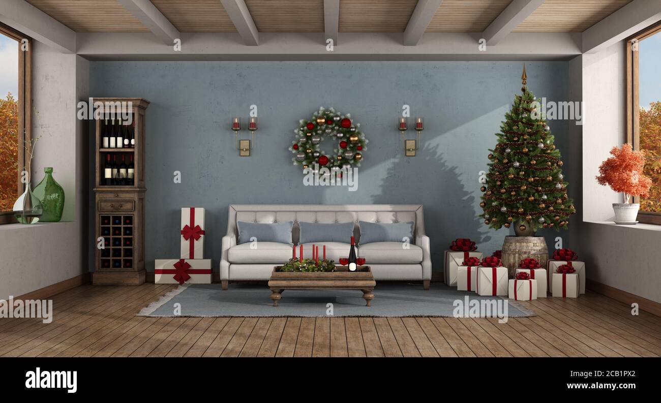 Soggiorno retro con albero di Natale e regalo - 3d rendering Foto Stock