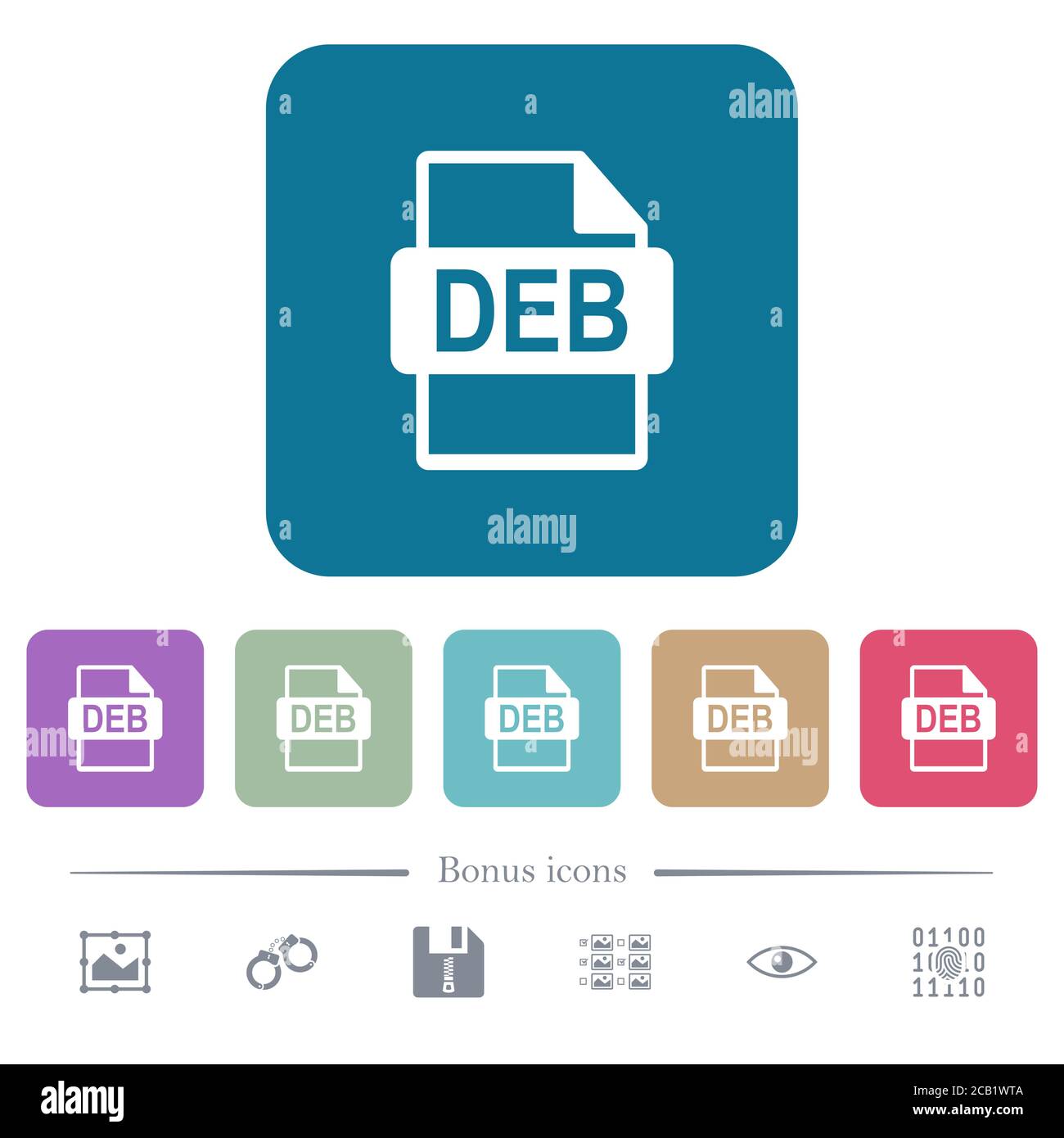 FORMATO FILE DEB icone piatte bianche su sfondi quadrati arrotondati a colori. 6 icone bonus incluse Illustrazione Vettoriale