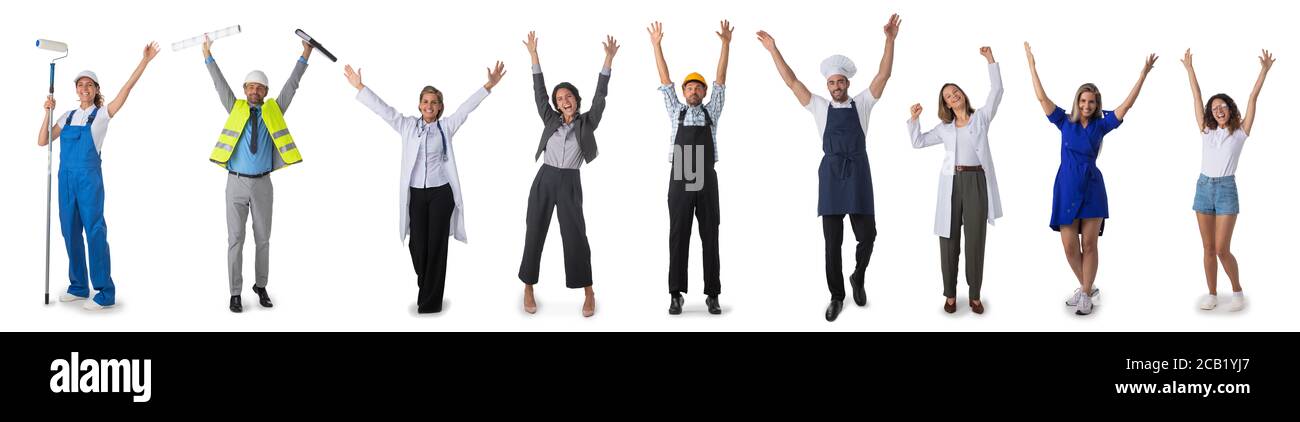 Gruppo di persone felici con le armi sollevate che rappresentano diverse professioni tra cui pittore di casa, lavoratore, architetto, medico, donna d'affari, insegnante, co Foto Stock