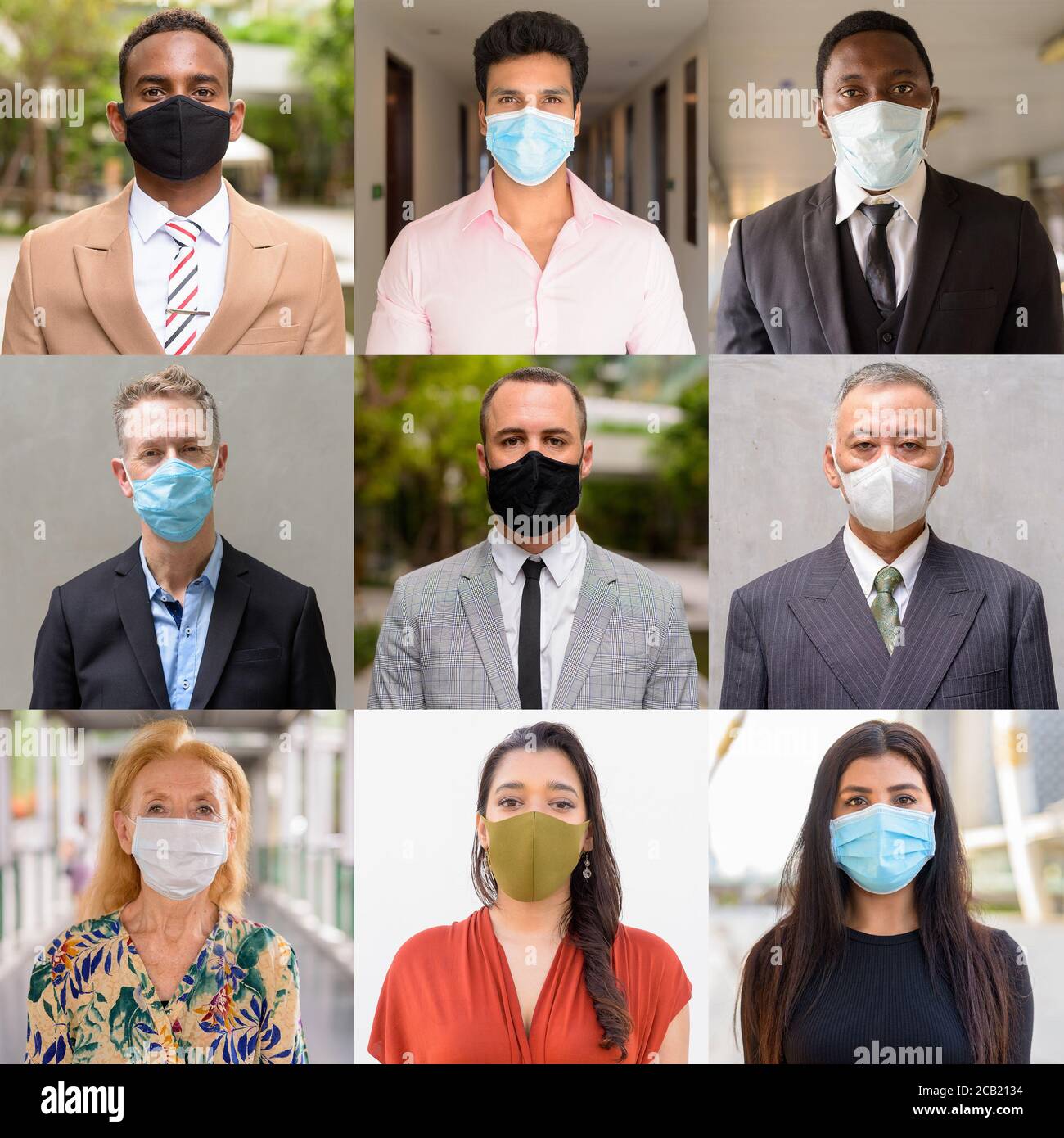 Collage di persone che indossano maschera facciale protettiva Foto Stock