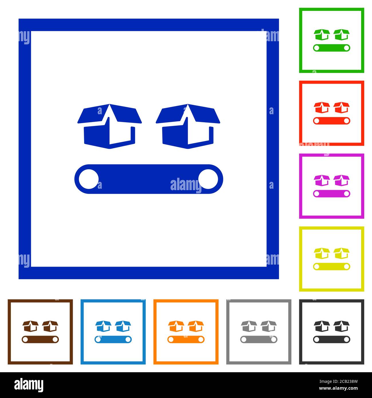 Trasportatore con scatole icone di colore piatto in cornici quadrate su sfondo bianco Illustrazione Vettoriale