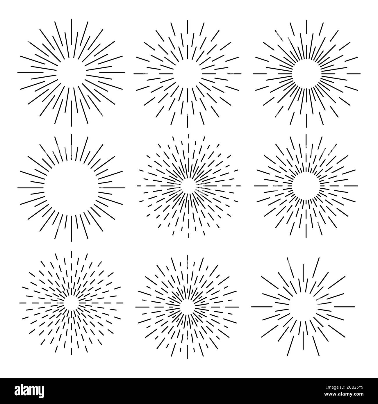 Set di forme geometriche sunburst stelle e raggi di luce. Illustrazione vettoriale Illustrazione Vettoriale