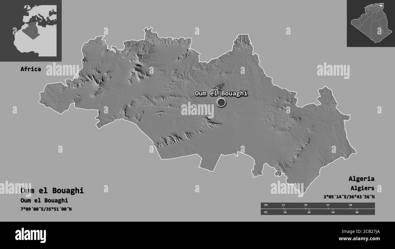 Forma di Oum el Bouaghi, provincia dell'Algeria, e la sua capitale. Scala della distanza, anteprime ed etichette. Mappa elevazione bilivello. Rendering 3D Foto Stock