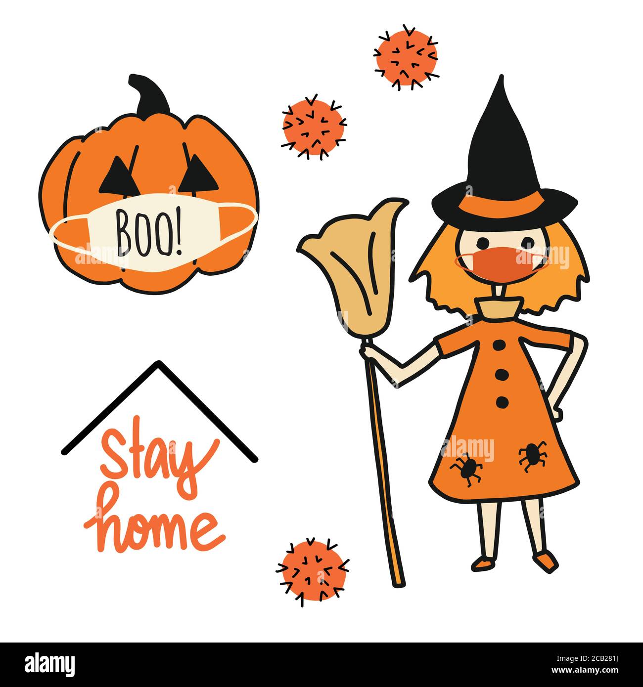 Set di icone di illustrazione di Corona Halloween Vector. Zucca, strega indossando maschera viso. Covid-19 virus clip art isolato. Per decorazione di Halloween 2020 Illustrazione Vettoriale