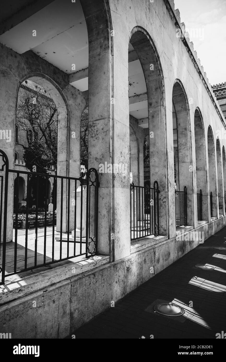 BUDAPEST, UNGHERIA - 30 marzo 2017, Dettagli di architettura fotografica in bianco e nero della sinagoga di Budapest, Sinagoga di Dohany a Budapest, Ungheria Foto Stock