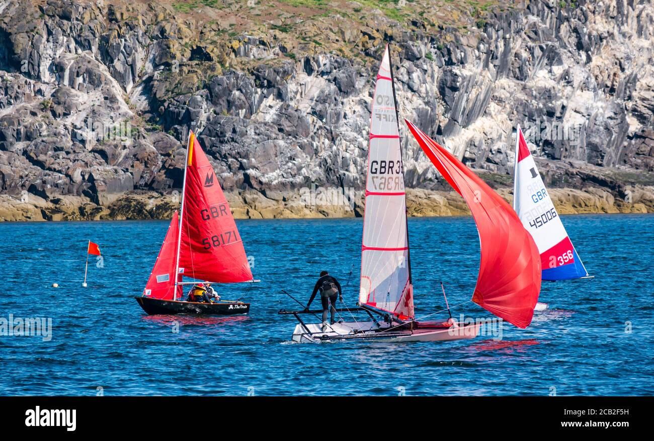 I gommoni a vela Musto Skiff e Topper in gara di vela ELYC a Firth of Forth nella soleggiata giornata estiva con Craigleith Island, Scozia, Regno Unito Foto Stock