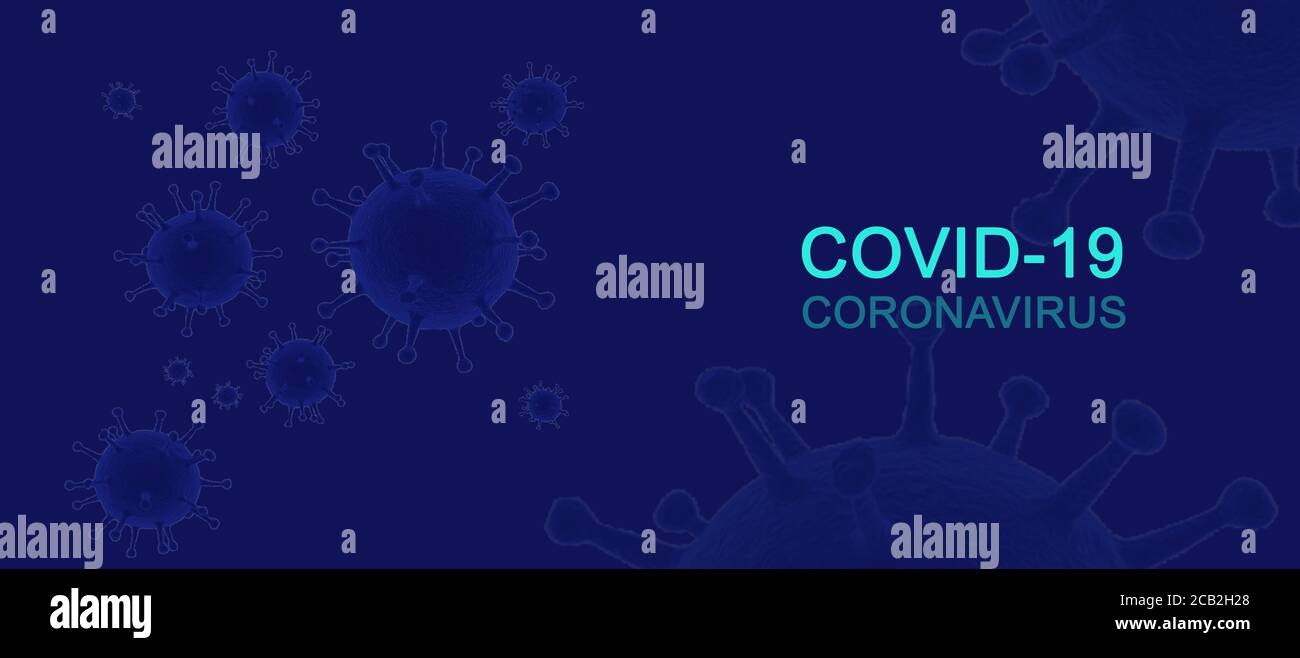 Sfondo blu COVID-19 coronavirus malattia, scuro offuscato astratto con molteplici illustrazioni di ncov-2019, grafica professionale di visualizzazione 3d Foto Stock