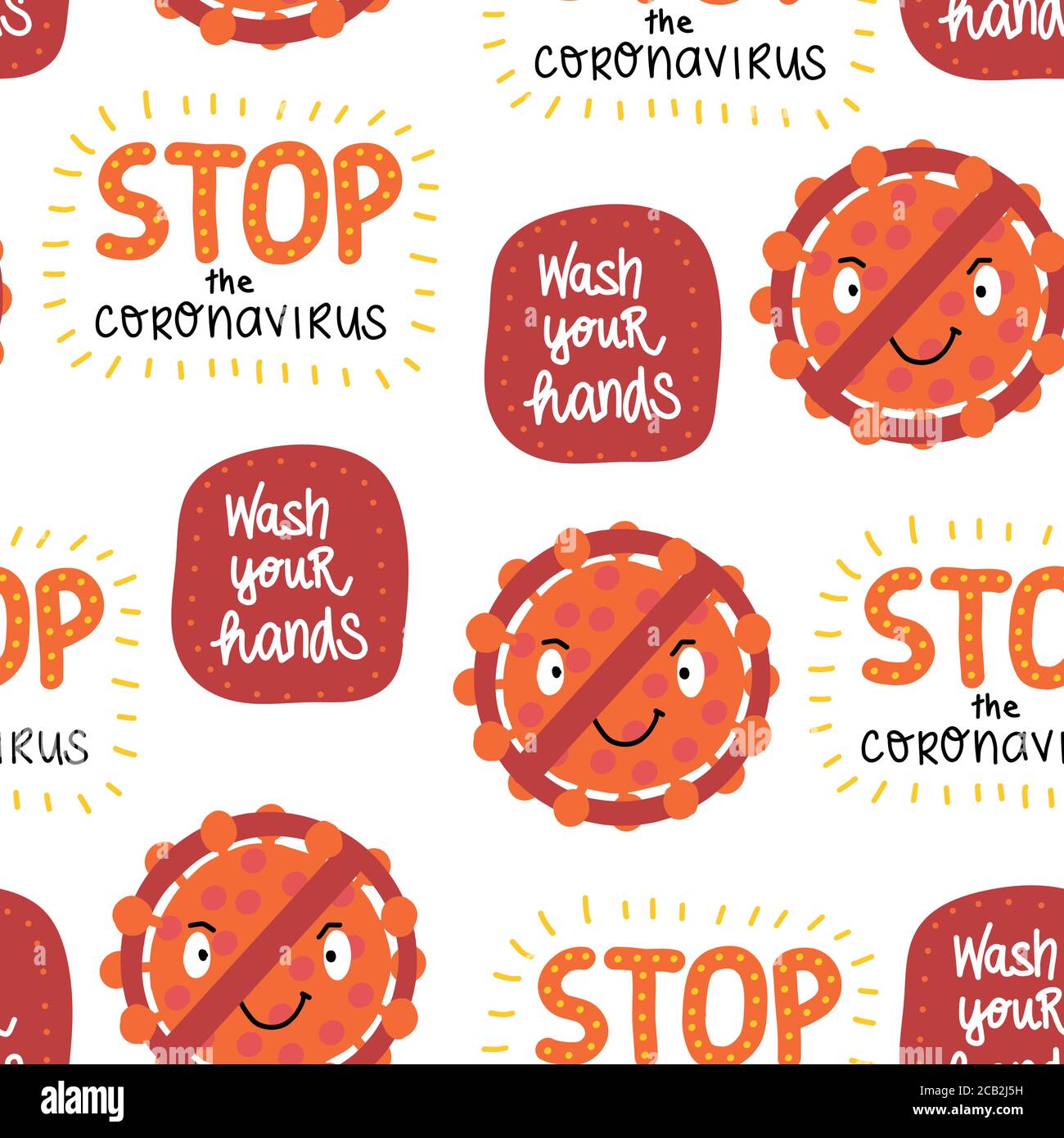 Lettere di Corona Virus e icone modello vettoriale senza giunture. Ripetendo sfondo con Stop il Coronavirus, lavarsi le mani, virus dietro la proibizione Illustrazione Vettoriale