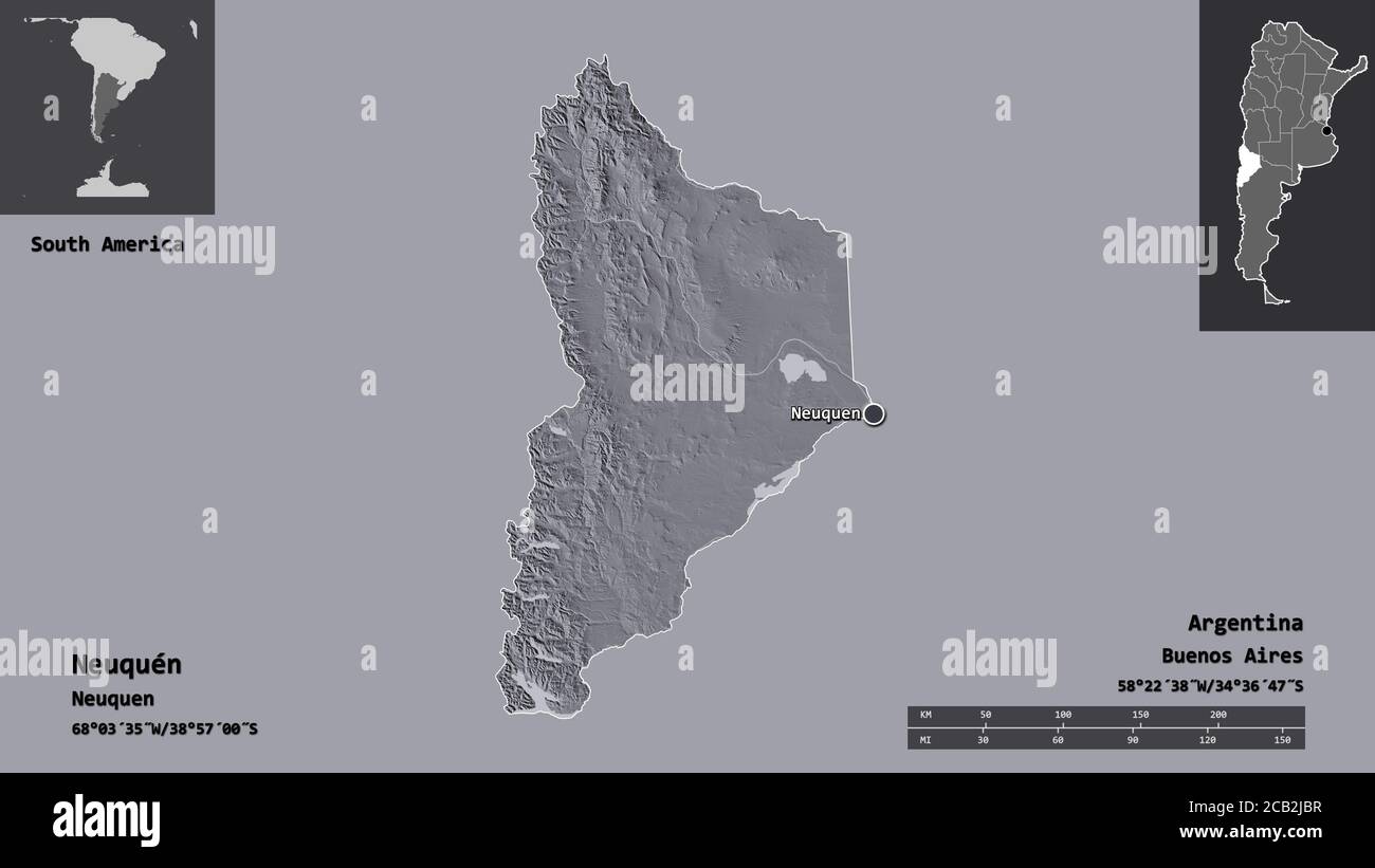 Forma di Neuquén, provincia dell'Argentina, e la sua capitale. Scala della distanza, anteprime ed etichette. Mappa di elevazione colorata. Rendering 3D Foto Stock