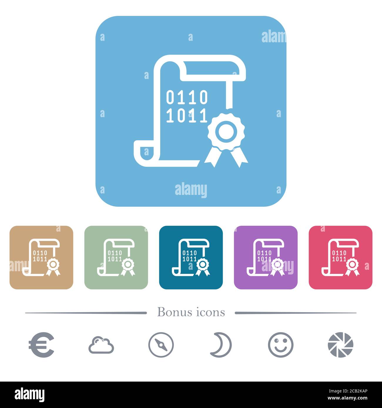 Certificato digitale icone piatte bianche su sfondi quadrati arrotondati a colori. 6 icone bonus incluse Illustrazione Vettoriale