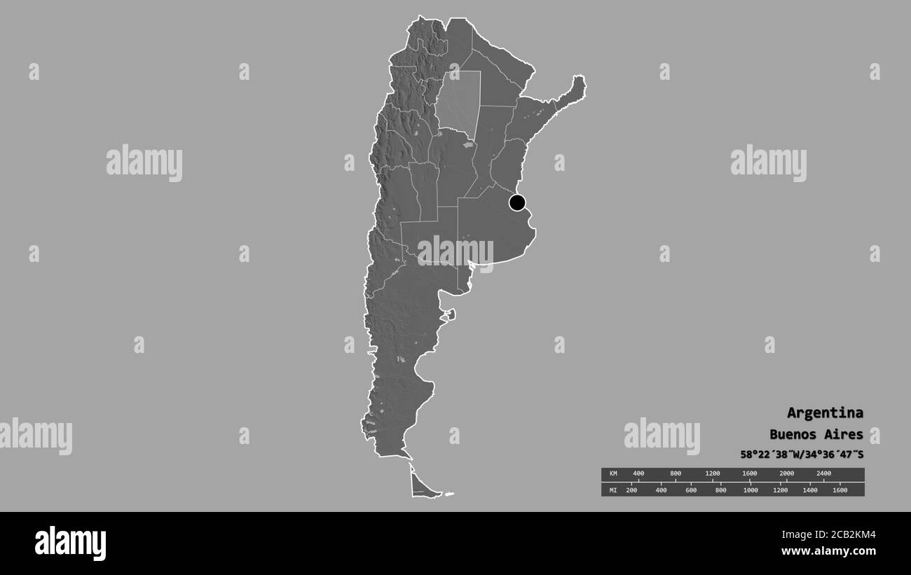 Forma desaturata dell'Argentina con la sua capitale, la principale divisione regionale e l'area separata di Santiago del estero. Etichette. Mappa elevazione bilivello. 3D Foto Stock