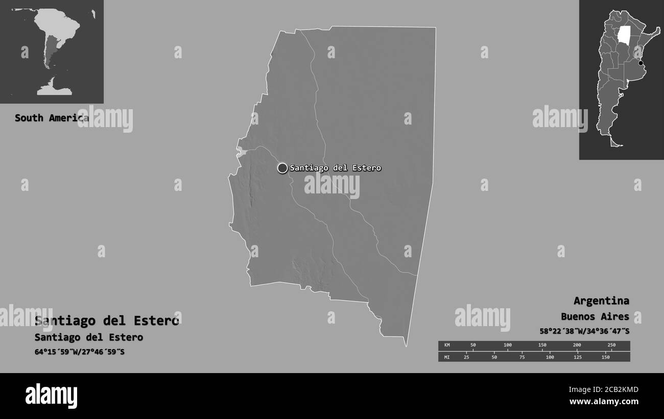 Forma di Santiago del estero, provincia dell'Argentina, e la sua capitale. Scala della distanza, anteprime ed etichette. Mappa elevazione bilivello. Rendering 3D Foto Stock