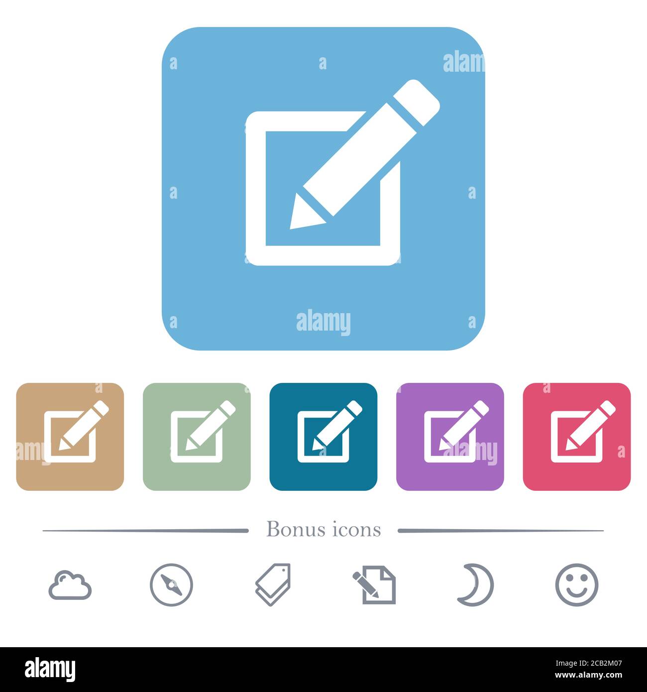 Casella di modifica con icone piatte bianche a matita su sfondi quadrati arrotondati a colori. 6 icone bonus incluse Illustrazione Vettoriale