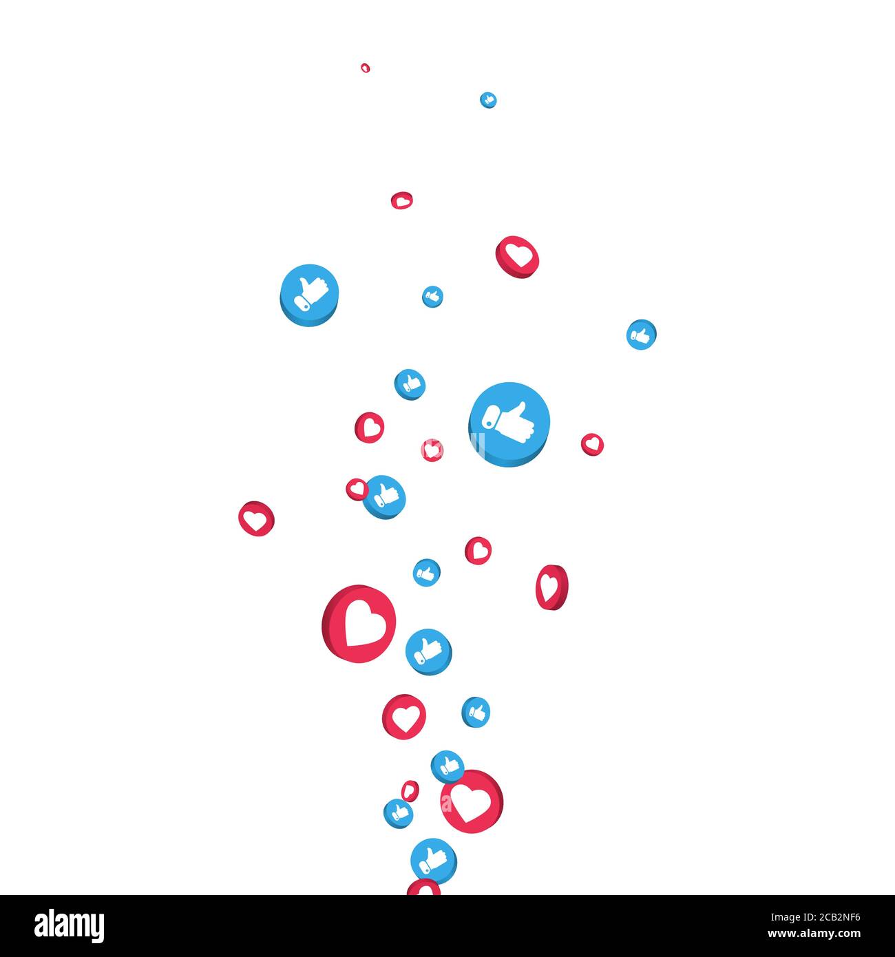 Le icone mi piace e pollici si tuffano su sfondo bianco. simbolo del social network 3d. Frame di notifica contatore. Elementi dei social media. Reazioni di emoji. VEC Illustrazione Vettoriale