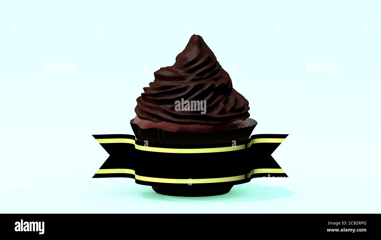 Cupcake con crema di cioccolato e un banner per il testo libero. Rendering 3D Foto Stock