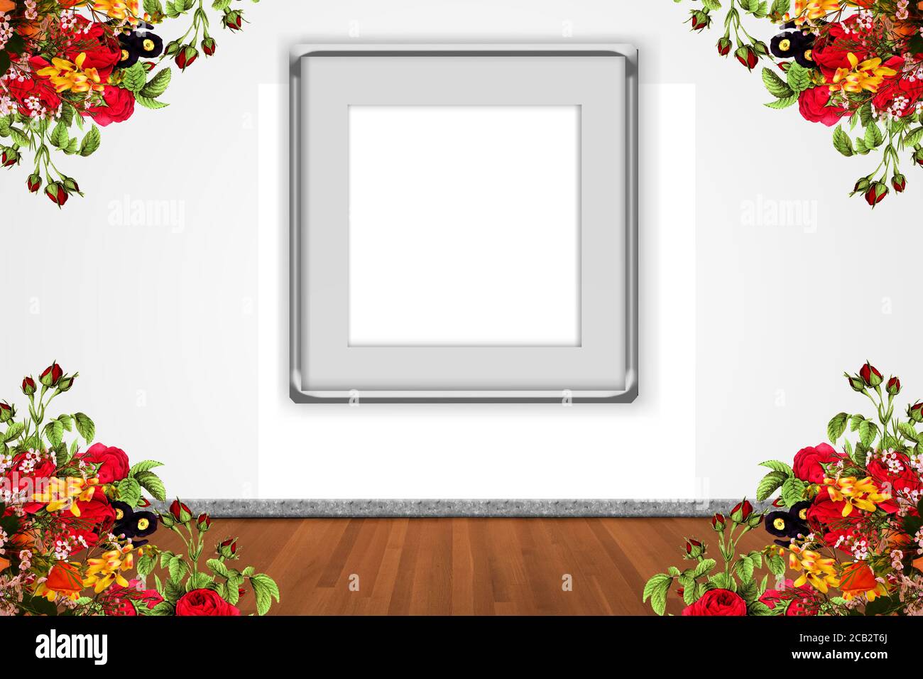 cornice decorativa su parete bianca sfumata + decorazioni floreali, cornice in camera con pavimento in legno, fiore e set per foto mock up Foto Stock