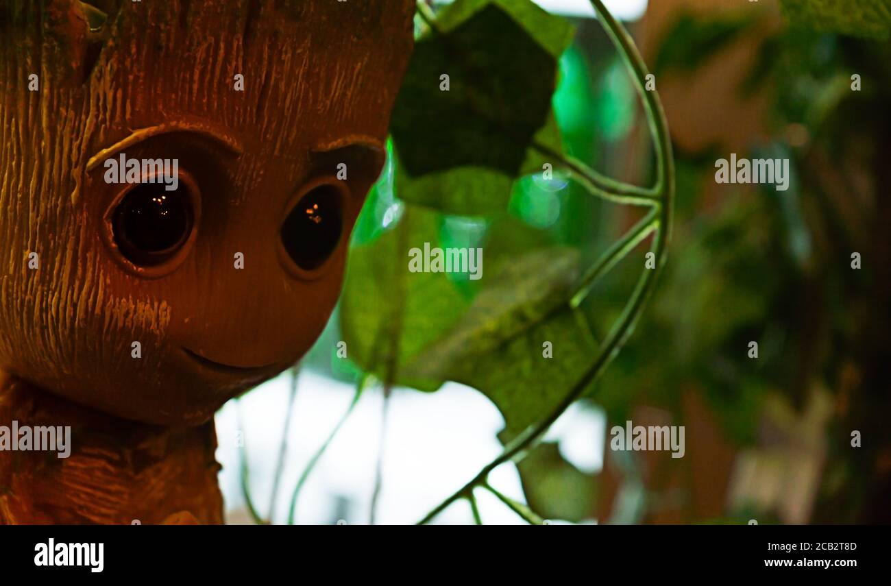 primo piano viso bambino giocattolo groot con foglie verdi sullo sfondo Foto Stock