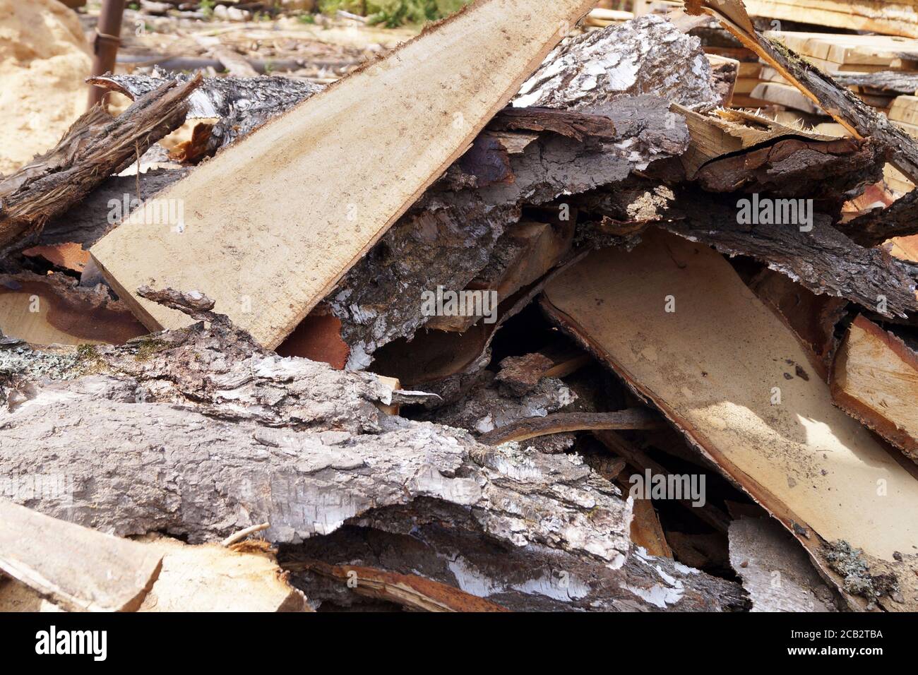 rifiuti di produzione di legno, corteccia rifilatura all'aria aperta. Foto Stock