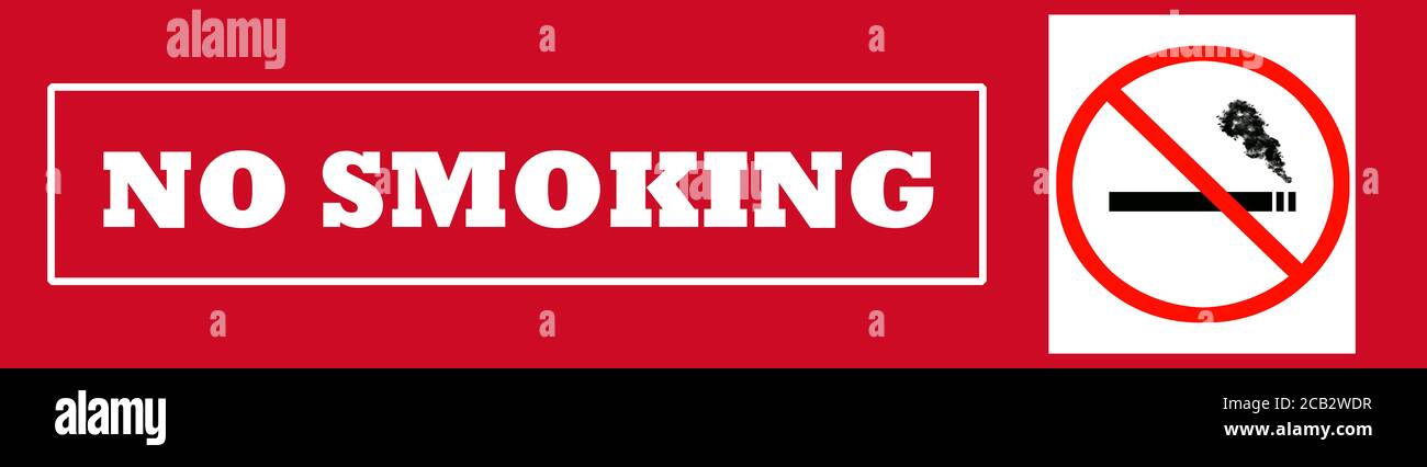 banner rosso testo divieto di fumo e simbolo di fumo Foto Stock